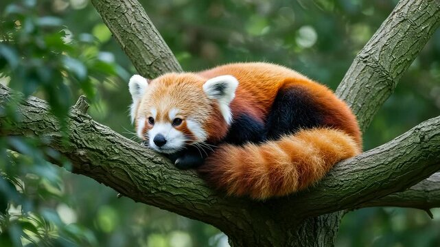 Serene Red Panda Resting Comfortably on a Tree Branch in Lush Green Forest