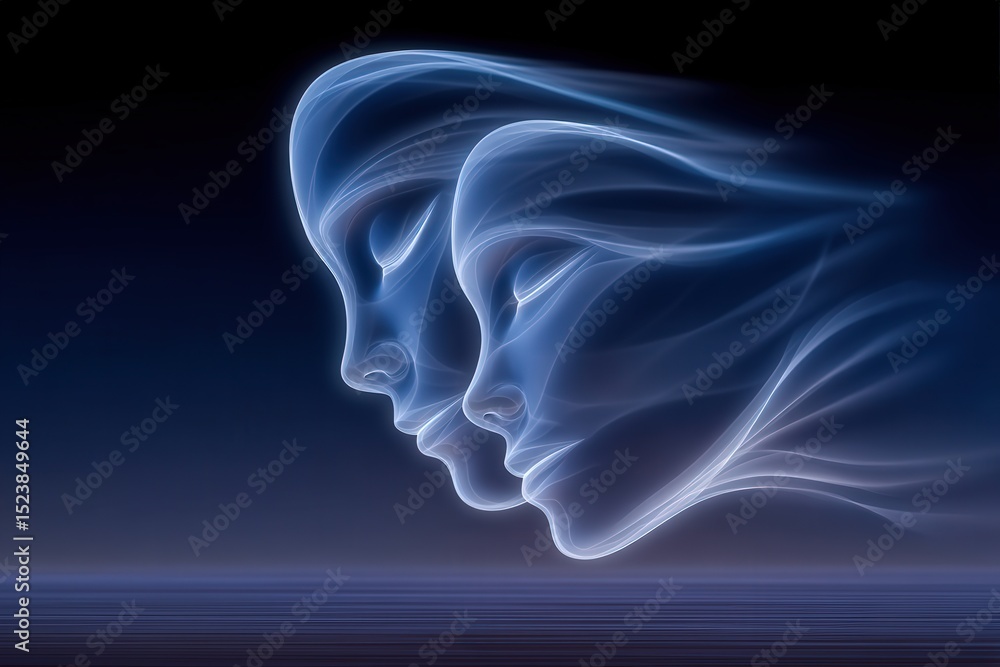 Poster ghostly silhouettes of interconnected faces merging in ethereal harmony capturing a transcendent con