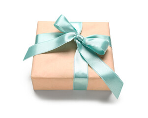 Pink gift box with blue bow on white background. International Women's Day