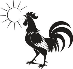 Crowing rooster silhouette with lifted beak, flat bold black shape showing sunrise posture, clean minimal subject great for trace or stock purposes