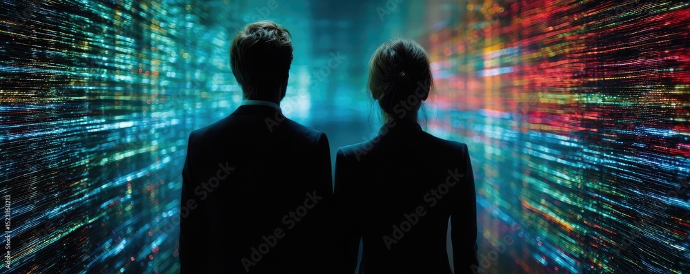 Poster fixed income strategy safe and secure healthcare plan concept. two figures contemplating a digital l