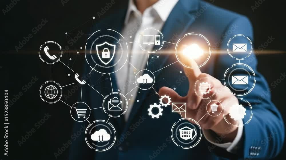 Aufkleber man in suit touching glowing orb with cybersecurity and communication icons connected together