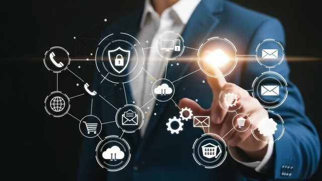 Man in suit touching glowing orb with cybersecurity and communication icons connected together - Powered by Adobe