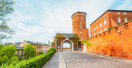 Wawel castle landmark with city view near river in Krakow Poland. Autumn landscape on coast river...