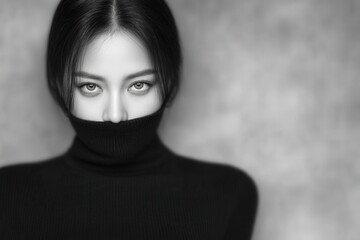 Captivating portrait of a young woman with striking features wearing a black turtleneck sweater against a muted gray backdrop showcasing intense gaze and emotional depth revealing inner strength