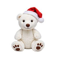 Cute white teddy bear wearing santa hat, festive holiday toy, holiday cheer, plush toy.