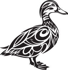 Fototapeta premium Duck silhouette in tribal tattoo style formed with bold black lines, white background, clean creative single subject great for tracing and stock