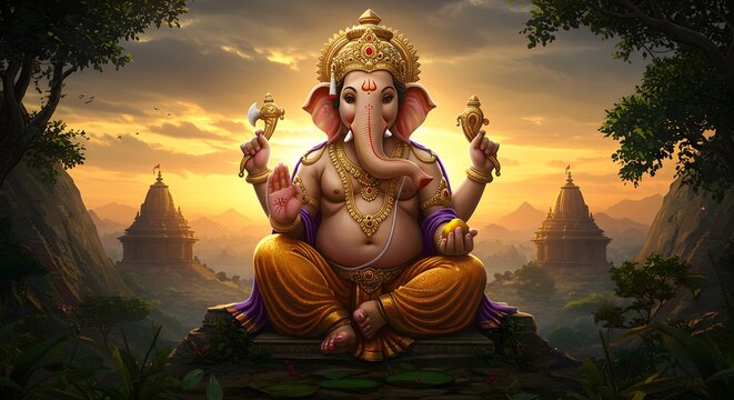 God Ganesha sitting with majestic background, generated by Ai