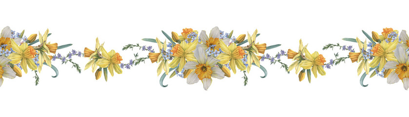 Seamless border with sunny daffodils and forget-me-nots. Hand drawn watercolor illustration of narcissus flowers and buds on isolated background for Easter. Perfect for textiles, packaging, tableware.