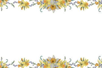 Obraz premium Rectangular frame with sunny daffodils and tiny blue forget-me-nots. Hand drawn watercolor illustration of narcissus flowers and buds on isolated background. Perfect for Easter cards or invitations.
