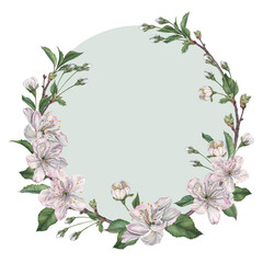 A semicircular wreath with delicate cherry blossoms, buds, leaves, and twigs. Hand drawn watercolor illustration on isolated background. Floral template for tableware, wedding design, greeting cards