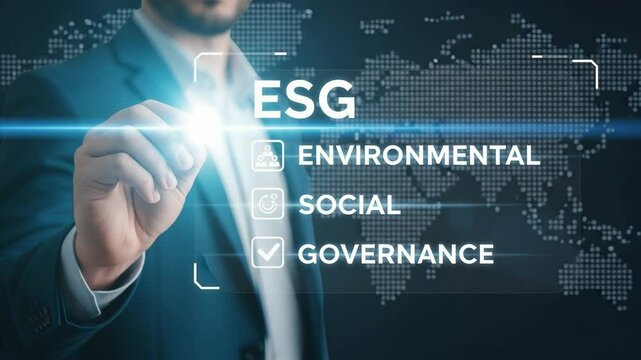 Businessman pointing at esg environmental social and governance factors with world map background