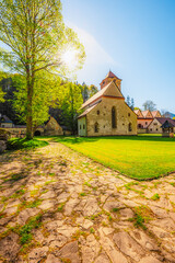 Medieval monastery Cerveny Klastor near Peak Tri Koruny or Trzy Korony in Pieniny National park in Slovakia and Poland © Zedspider