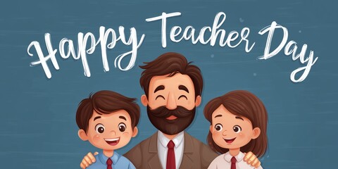 Happy teacher day celebration with smiling teacher and students illustration