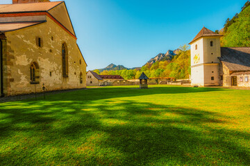 Medieval monastery Cerveny Klastor near Peak Tri Koruny or Trzy Korony in Pieniny National park in Slovakia and Poland.