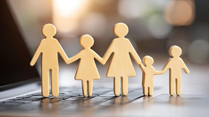 Fixed income strategy safe and secure healthcare plan concept. Wooden figures of a family holding hands on a laptop surface.