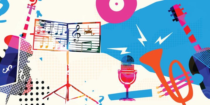 Abstract Music Background, vector illustration. Collage with musical instruments	