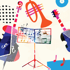 Abstract Music Background, vector illustration. Collage with musical instruments	