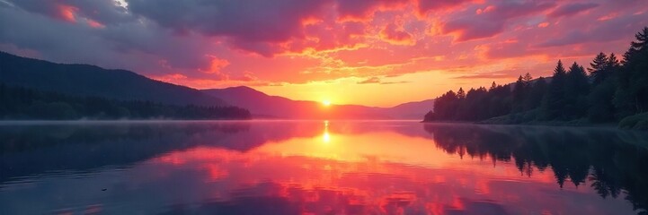Sunrise over a tranquil lake reflecting the vibrant colors of a new day, symbolizing fresh beginnings and potential Perfect for themes of rebirth, hope, and new life , calm, sunrise