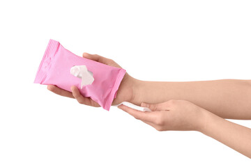 Female hands with pack of wet tissues on white background