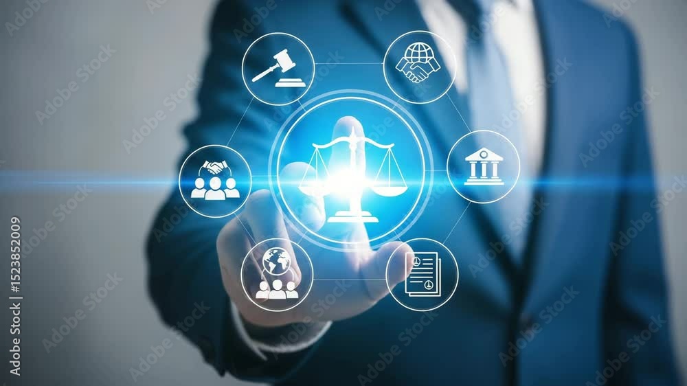 Poster Man in suit touching a digital interface with scales and law related icons surrounding it