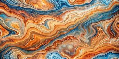 Abstract art featuring swirling patterns of blue orange and white colors in a fluid motion style background