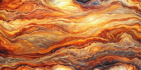 Abstract painting showing swirling patterns in shades of orange brown and beige with light accents background