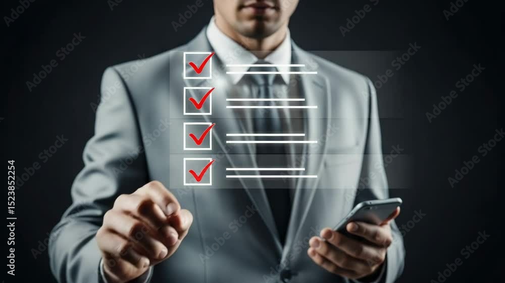 Poster A man in a suit touching a digital checklist with red checkmarks and holding a smartphone device