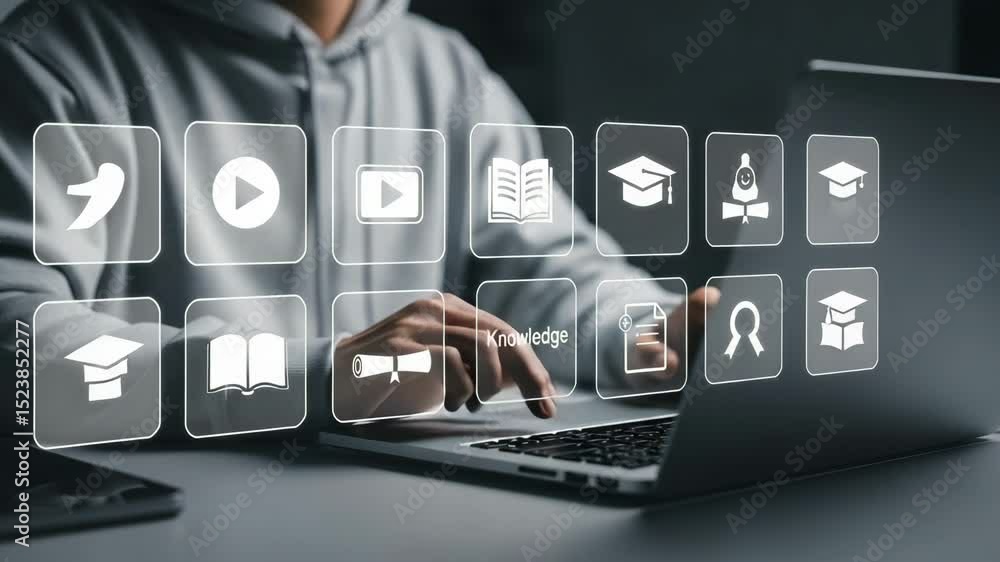 Aufkleber person using laptop with education icons displayed above the keyboard for online learning concept