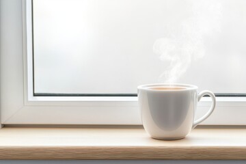A steaming cup of tea on a wooden surface by a morning window, evoking a cozy vibe.
