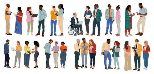 Diverse business team illustration with multiracial colleagues in meeting, brainstorming, coffee break, including man in wheelchair. Vector isolated on transparent background