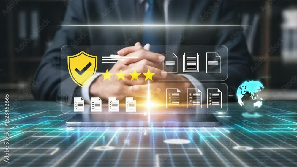 Poster A businessman interacting with a digital interface displaying documents and a rating shield icon