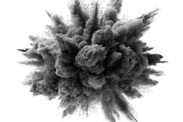 Gray powder explosion, radiating outward in a chaotic, symmetrical pattern against a black background