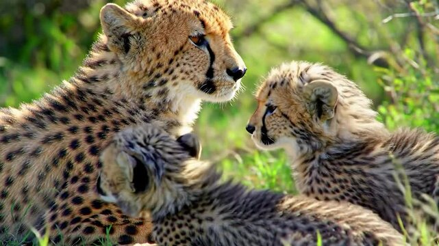 gu&eacute;pard et ses b&eacute;b&eacute;s en gros plan dans la savane