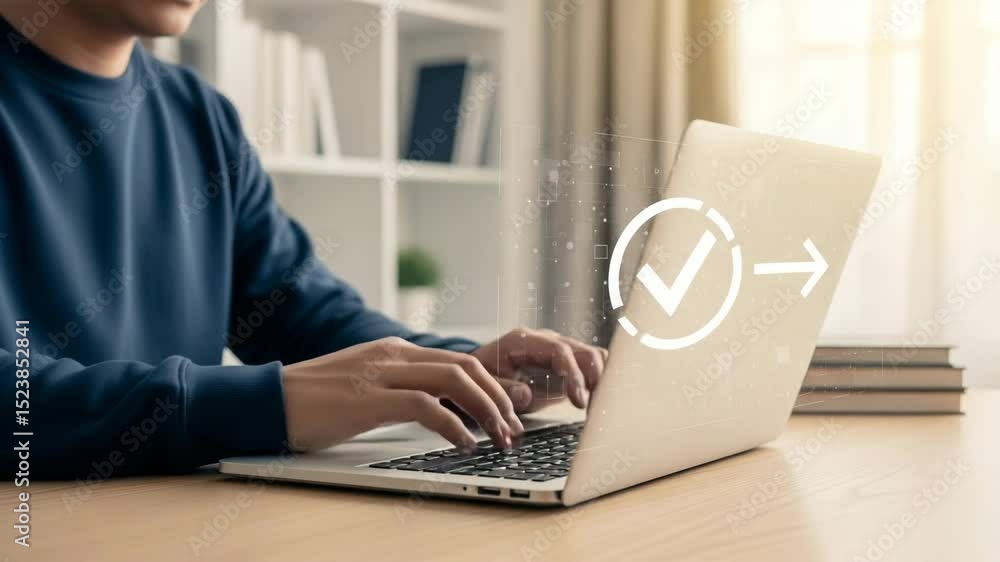 Poster man working on laptop with checkmark and arrow overlay on screen in bright modern office space