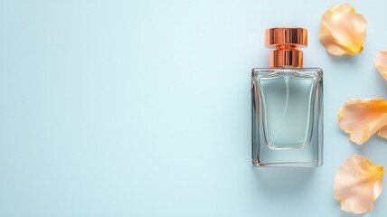 Elegant perfume bottle with rose petals on a soft blue background.