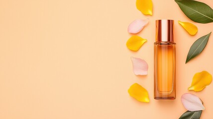 A perfume bottle adorned with colorful petals and leaves against a soft peach background.