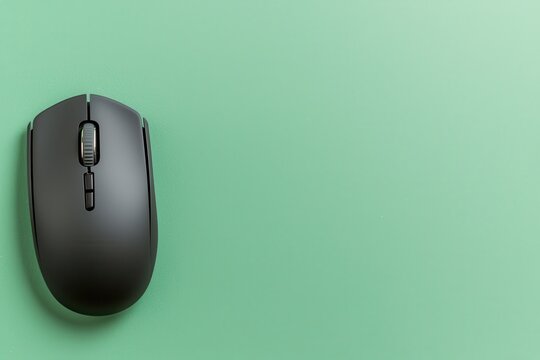 Black computer mouse on a pastel green surface, minimalistic design emphasizing technology and workspace aesthetics.