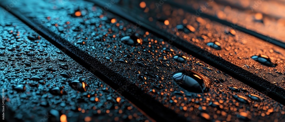 Poster close-up of a wooden surface covered in small droplets of water. the droplets are scattered across t