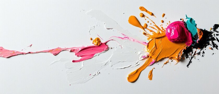 Abstract art piece with a white background. on the left side of the image, there is a pink and orange splatter of paint on the right side.