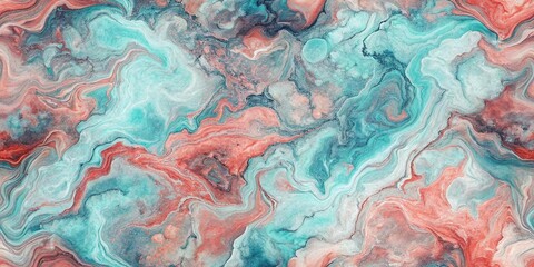 Abstract art with flowing turquoise and coral colors creating a marbled effect in a fluid design background