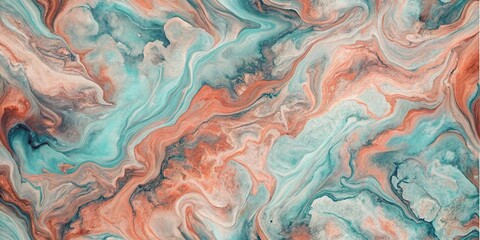 Abstract painting with swirls of teal and peach colors creating a fluid marble like texture art piece background
