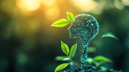 Digital intelligence and sustainable growth concept futuristic human head with circuit board pattern emerging as plant