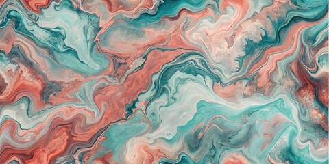 Abstract swirling pattern with shades of teal and peach creating a fluid marble effect design art background