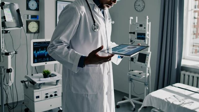Doctor reviewing patient data on tablet in hospital monitoring room