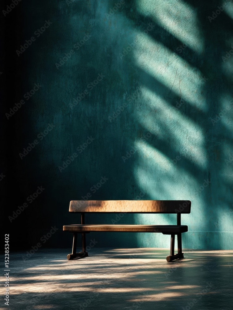 Poster wooden bench in an empty room with a dark blue wall in the background. the bench is in the center of