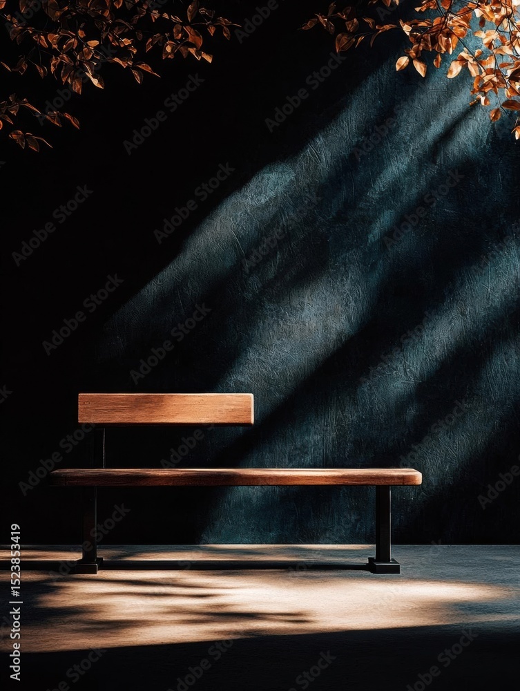 Poster wooden bench in a dark room with a shadow cast on the wall behind it. the bench is made of wood and 