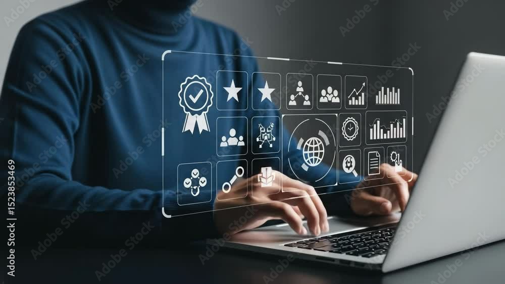 Poster Person using laptop with digital interface displaying business icons and data visualizations shown