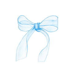 Blue bow isolated on white background. Hand drawn watercolor illustration.
