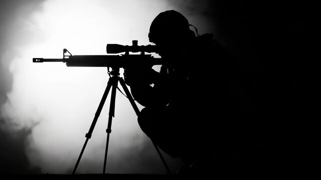 Silhouette of a focused military sniper aiming rifle with scope in low light conditions